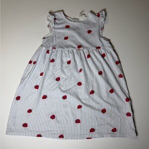 H&M White & Light Blue Stripe Dress with Red Strawberry Motif
